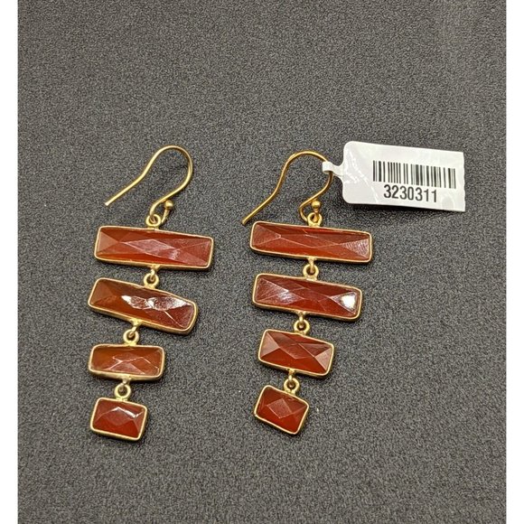 Faceted Orange Red Carnelian Gemstone Stone Dangle Gold Tone Hook Earrings - Picture 2 of 9